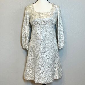 Vintage 60s Silver Metallic Brocade Floral Cocktail Dress Empire Waist XS/S